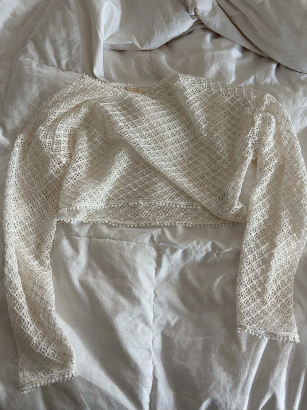 Cotton Candy Cream Crochet Long-Sleeve Swim Coverup